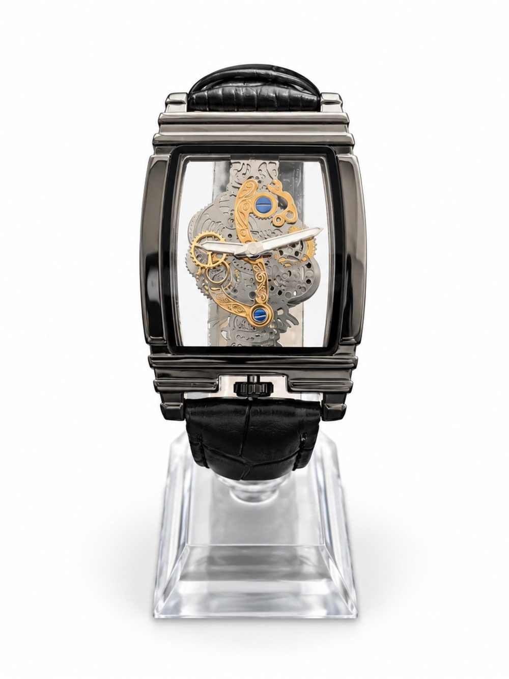 Gunmetal Skeleton Tonneau Watch Black Strap Open Work Dial